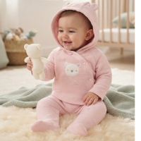 J16232: Baby Girls Quilted Jacquard Jacket & Footed Trousers Outfit With Plush Bear Toy (3-6 Months)